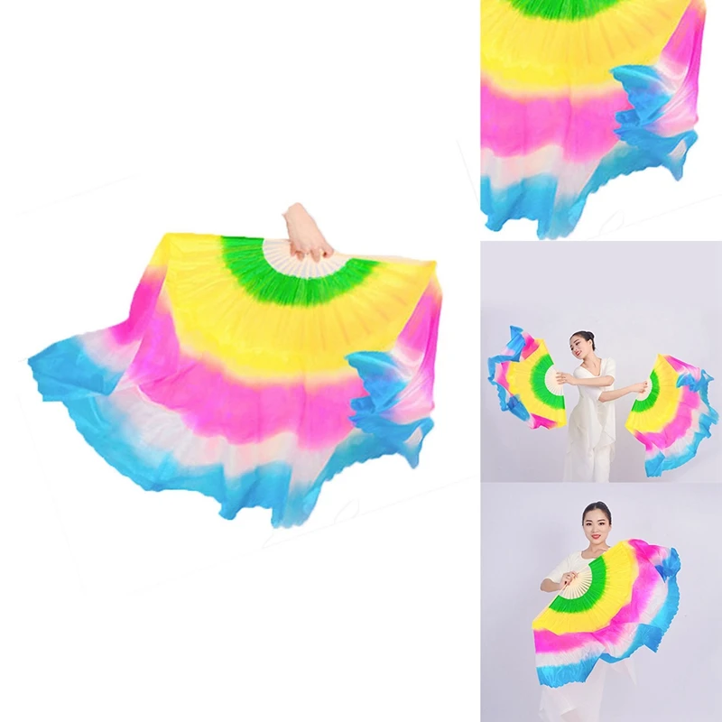 Promotion! Reusable Professional Lengthening Rainbow Silk Fans Dance Fan Party Foldable Handheld Bamboo Fan Home Decoration