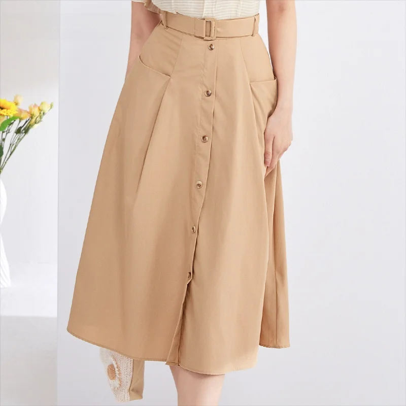 

Dailanzhi Summer New High Waist Belt Slimming Midi Skirt with kets Women's Faion A-Line Skirt Commute Sle Pure Color