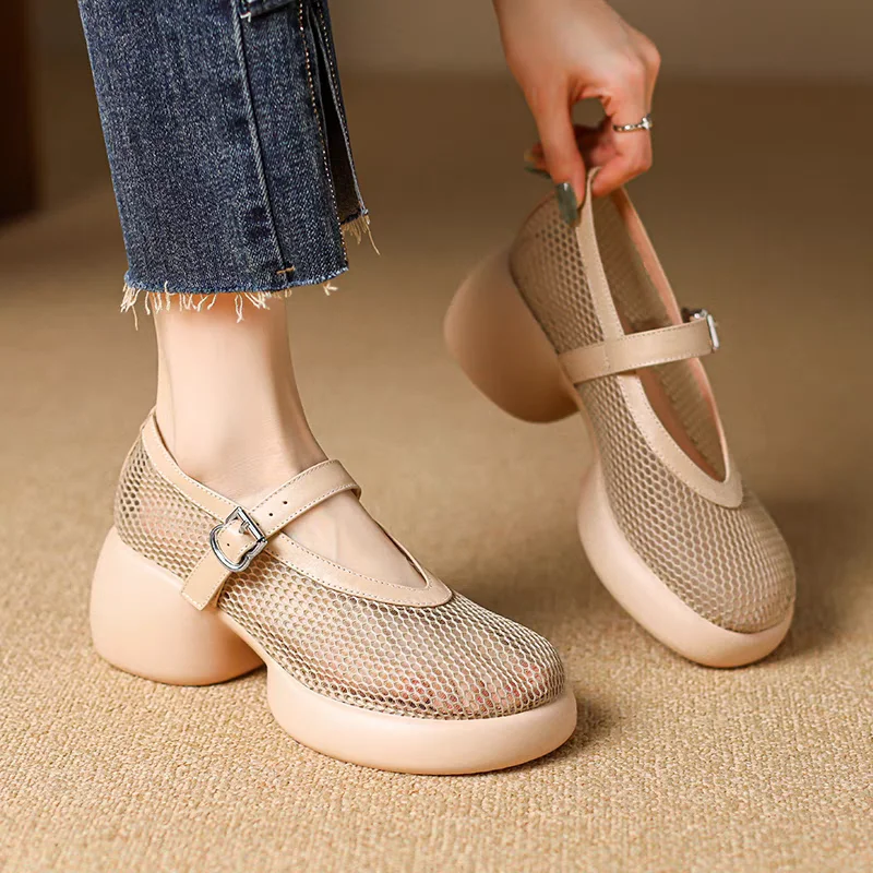 2024 Female Baotou Sandals Thick Sole Breathable Mesh One Line Buckle Roman Shoes Summer New Mary Jane Shoes