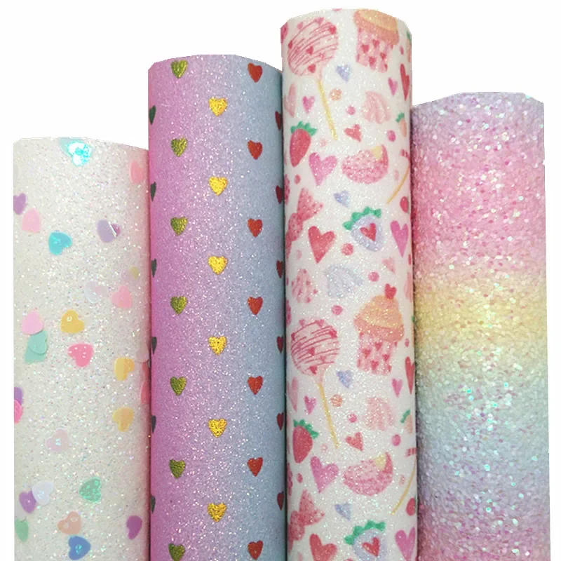 Pastel Rainbow Glitter Leather Sheets Shimmer Glitter Leather with Hearts Cupcakes Shimmer Glitter For Bow DIY 21x29CM Q1627