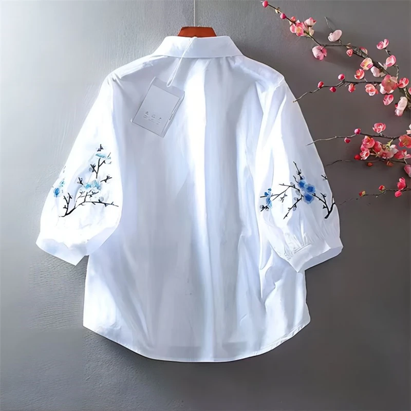 Women\'s Chinese Style Vintage Flower Embroidery White Shirt 2024 Summer Fashion Lapel 3/4 Sleeve Blouse Simple Casual Loose Tops