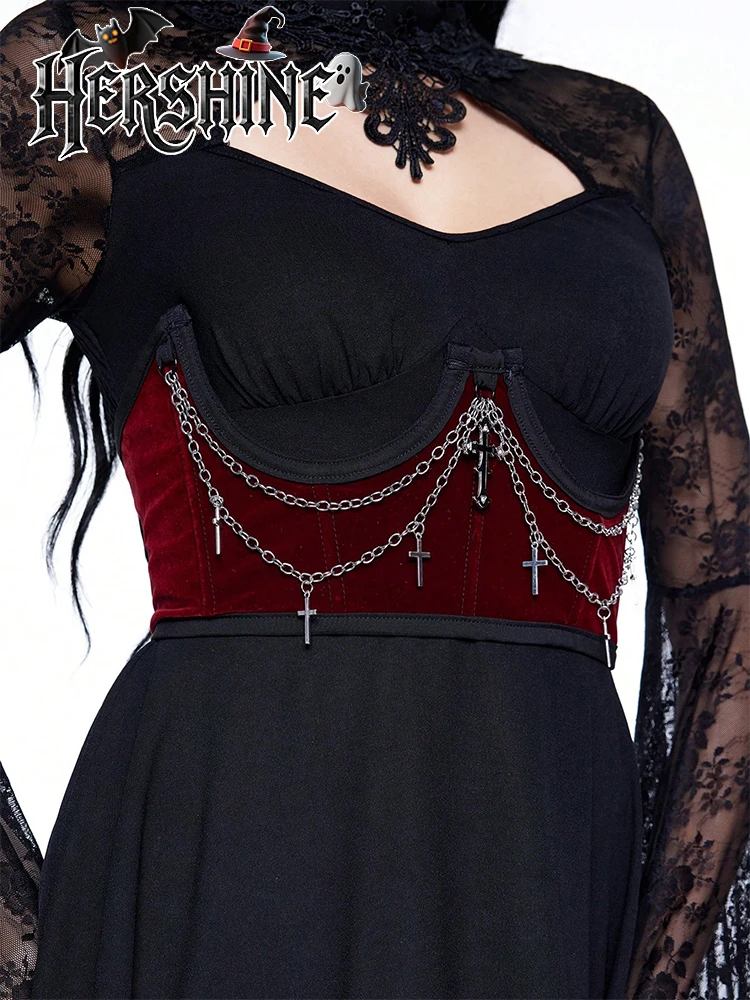 여성용 레드 벨벳 크로스 체인 허리띠 Y2K 고딕 다크 펑크 스타일 섹시하고 패셔너블한 할로윈 액세서리 1개