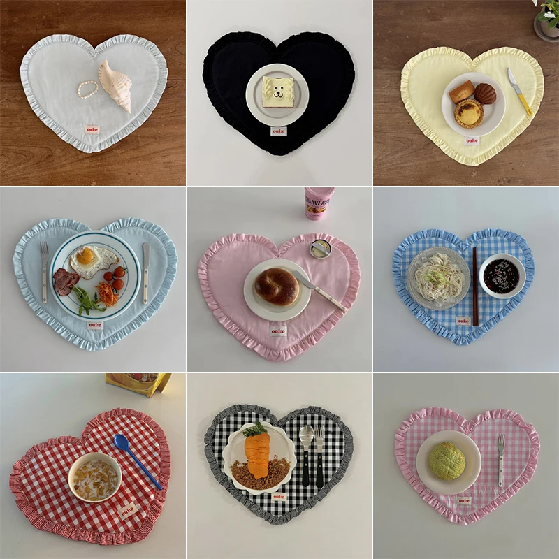 Ins Korean-style Heart-shaped Cotton Placemat Reusable Ruffled Fabric Anti-skid Heat Insulation Placemat Trend Photography Props