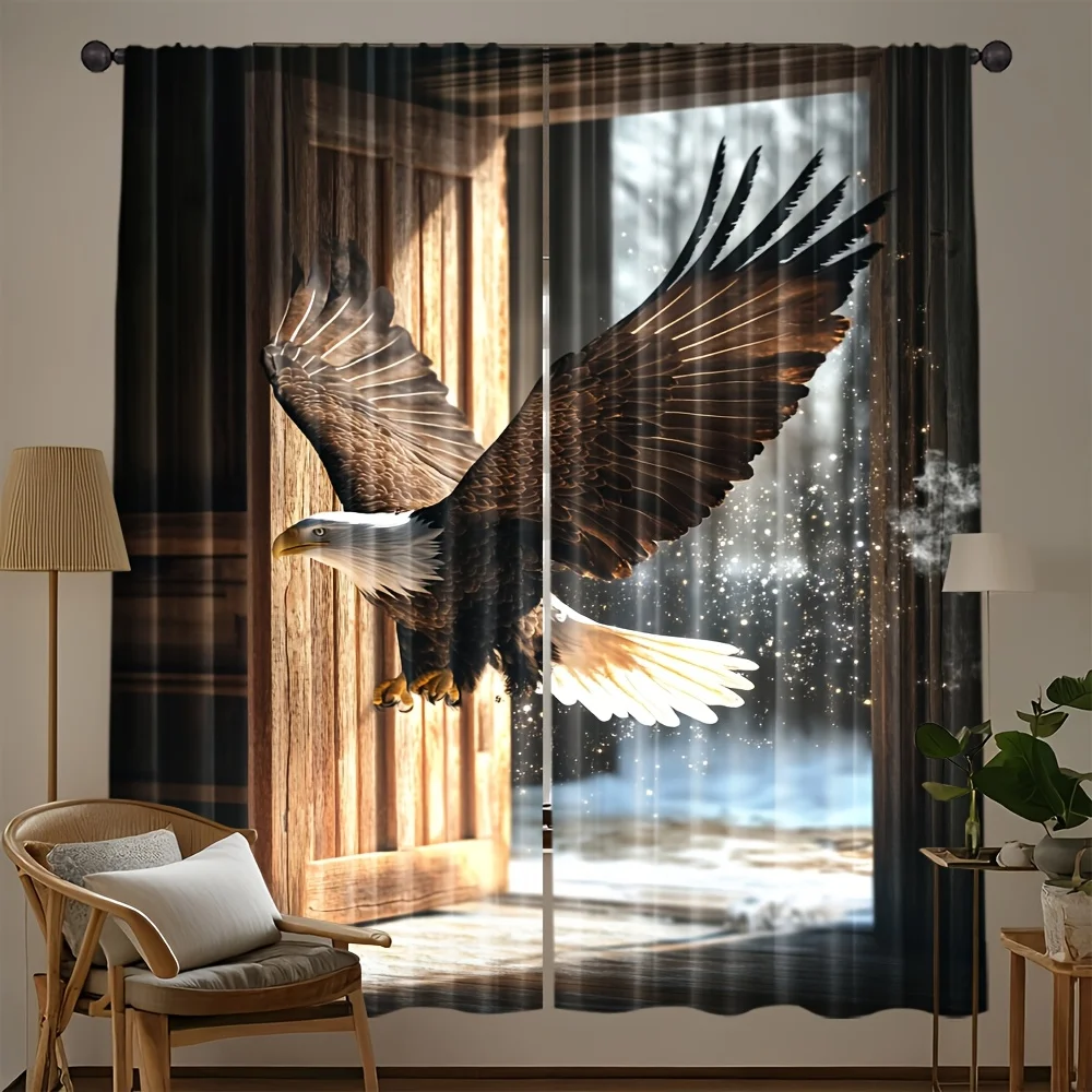 2 Panels Flying Eagle Glitter Print Curtains Bald Eagle Animal Art Decor for Living Room Bedroom Home Decorative Drapes