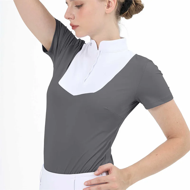 M شعار الفروسية تي شيرت قصير الأكمام بلايز ركوب الخيل ملابس النساء زر التدريب متسابق بلوزة عرض المنافسة #4