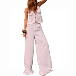 Women's Suspender Top with V-neck Bow Decoration and Silk Satin Texture Elastic High Waisted Straight Leg Pants Set New