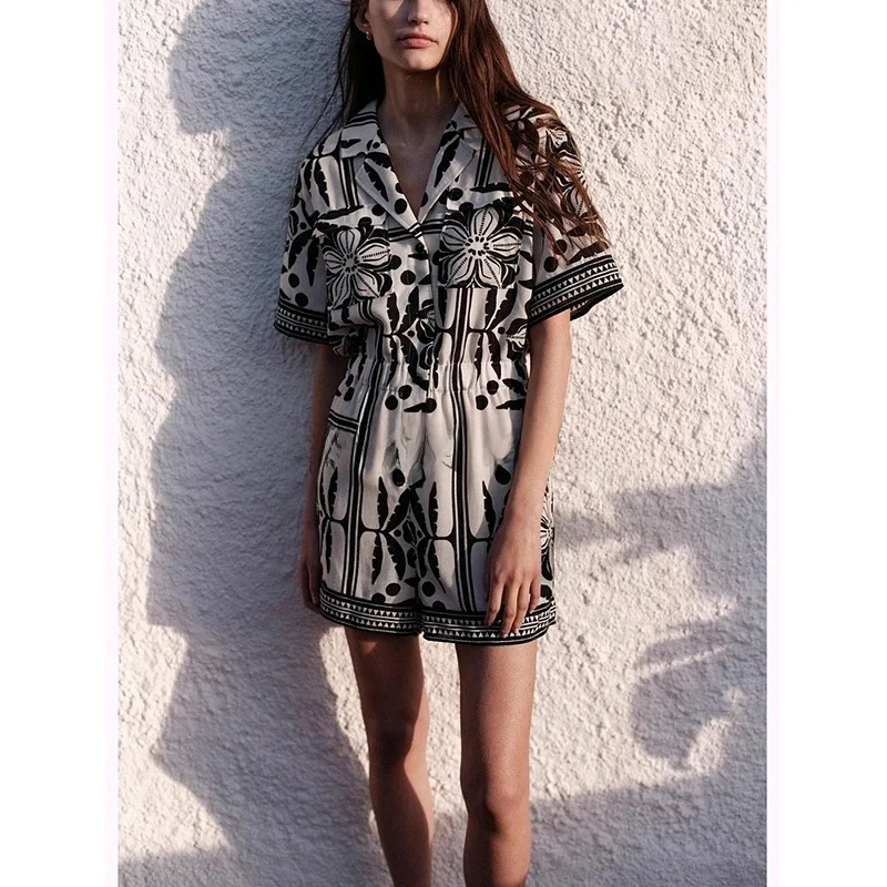 Mono corto informal de moda para mujer, primavera-verano, con cuello cubano, cintura alta, falda de línea A de fibra de polié...