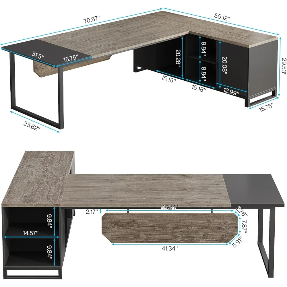 Grand bureau de direction industriel de 70.8 pouces, avec classeur de 55 pouces, bureau d'ordinateur en forme de L, avec armoire de rangement et étagères