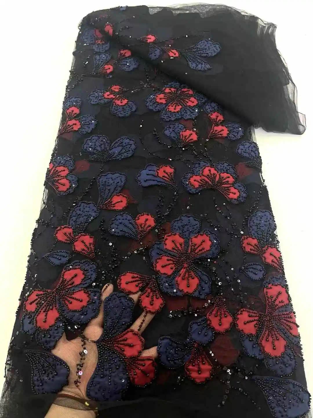 2025 New African French Nigerian High End Lace Fabric With Beads Sequins Mesh for Embroidery Wedding Party Bride Sewing Dress