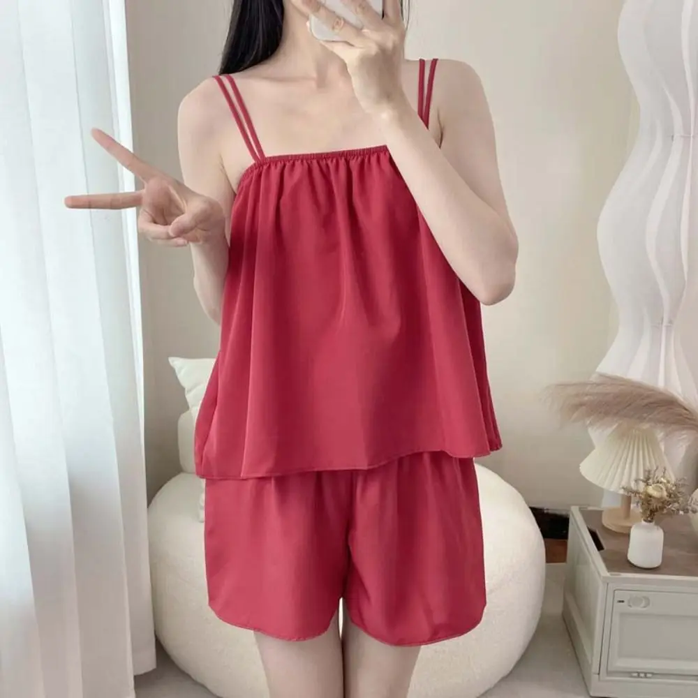 

Soft Solid Color Sleeveless Pajamas Women Thin Casual Camisole Shorts Nightwear Homewear Sweet Sleepwear Set Nightwear