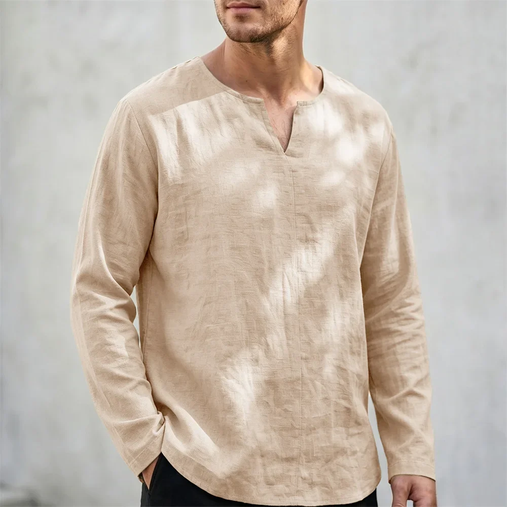 Herren-T-Shirt aus Baumwolle und Leinen, modisch, V-Ausschnitt, langärmelig, einfarbig, atmungsaktiv, leicht, klassisch, lässig, für den Alltag – Detail 4