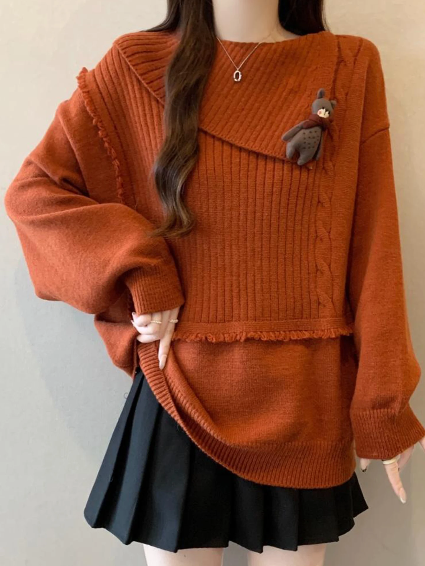 

Cute Bear Knitted Sweater Women's plus Size Loose Fit Autumn Winter Warm Faionable Comfortable Lazy High-End Feeling Sweater