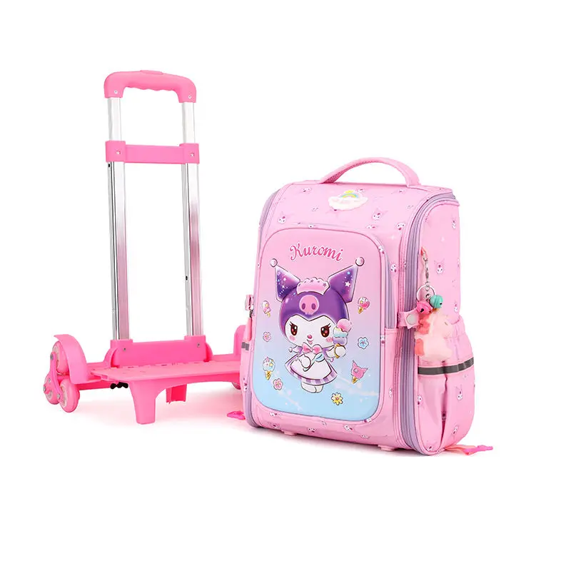 Kuromi Trolley School Bag Cartoon Sanrios Children School Backpack with Wheels Climbable Stairs Students 1-3-6 Grade Schoolbag