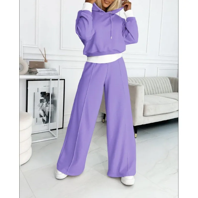 2024 Spring Autumn New Loose Sports Suit Women Long Sleeve Hooded Sweatshirt Drawstring High Waist Pocket Wide Leg Pants Suit