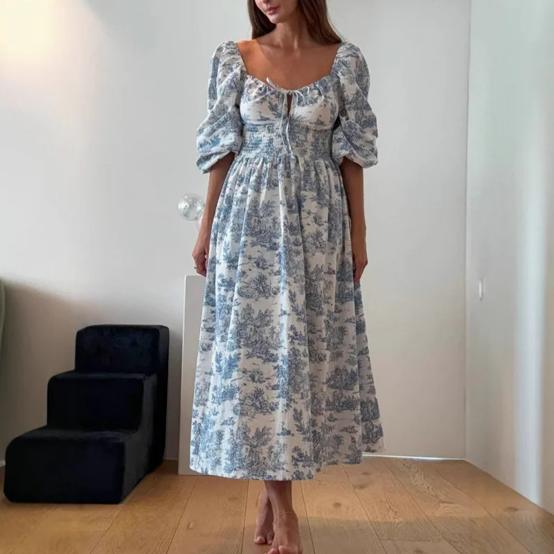 Robe longue d'été Vintage pour femmes, Streetwear, avec nœud papillon, motif Floral, smockée, manches longues lanterne, robes trapèze, nouvelle collection 2025