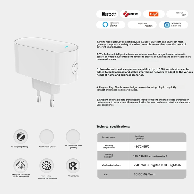 Tuya Zigbee Gateway Hub Multi-Mode Zigbee Gateway Bridge Bluetooth Mesh Hub For Smart Home Automation EU Plug
