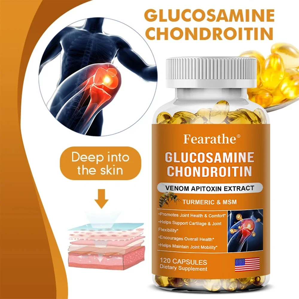 Chondroitin Glucosamine Capsules Turmeric MSM, Natural Bee Venom Extract for Knees Joint Health Bone Fast Nutritional Supplement