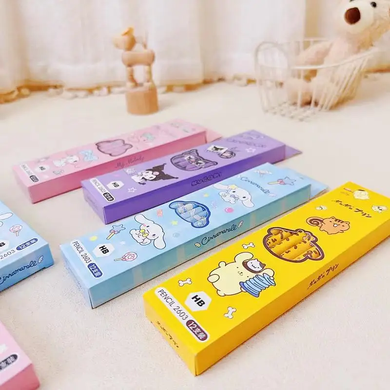 12Pcs Sanrio Pencil Kawaii Miniso Mymelody Kuromi Cinnamoroll Student Cartoon Hb Exam Eraser Pencil Children's Stationery