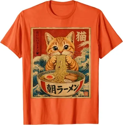 Lustiges Katzen-Ramen-Grafik Retro Japanisches Kawaii Anime Nudel T-Shirt Y2k Cartoon Weiches Baumwoll-T-Shirt für Frauen Männer Harajuku Tees – Detail 12