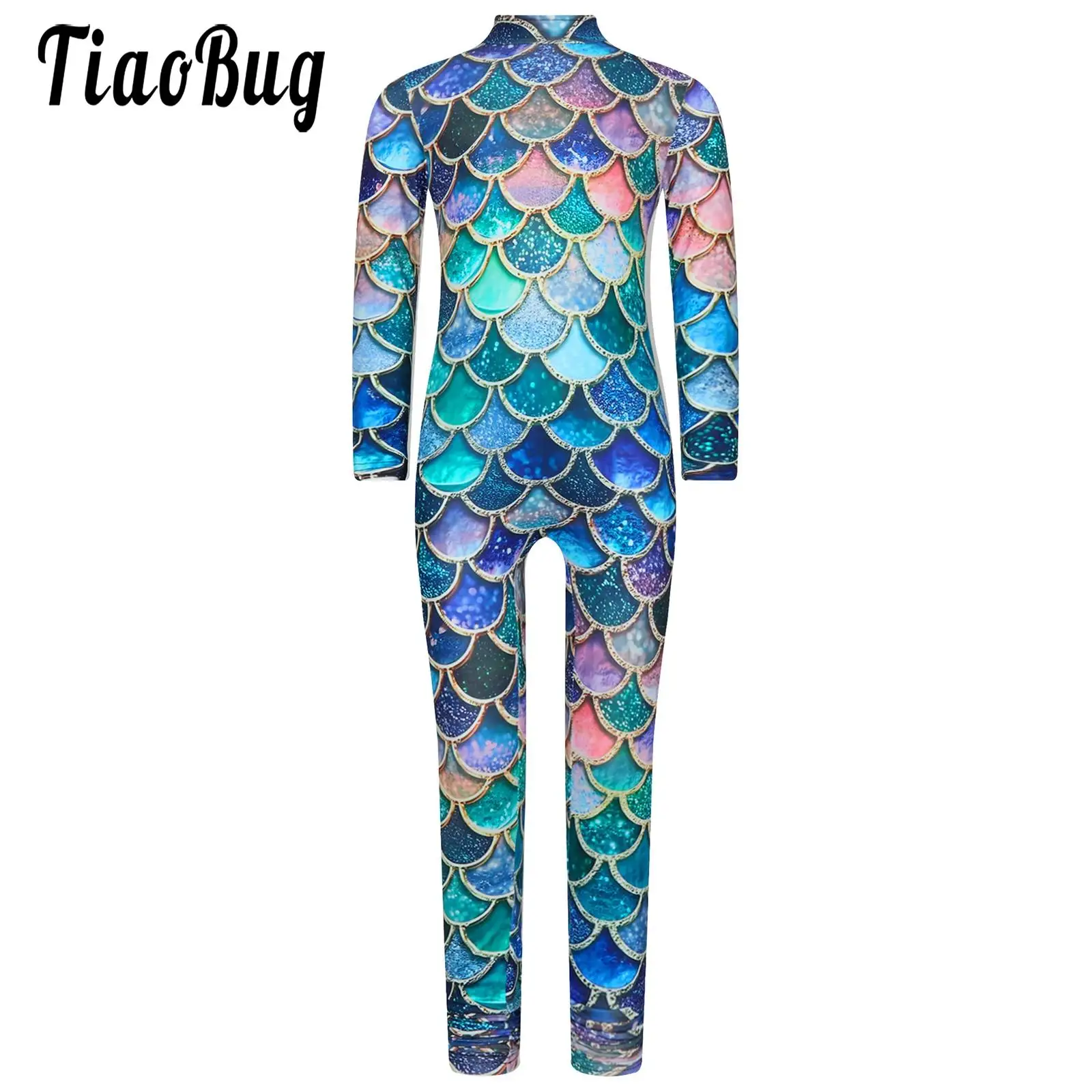 Kids Girls Mermaid Cosplay Costume Long Sleeve Fish Scales Print Zipper Jumpsuit Elastic Sport Gymnastic Dancing Full Bodysuits