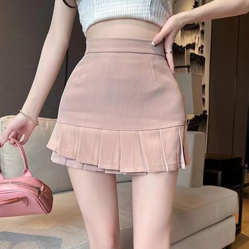 

Корейская плиссированная мини-юбка для женщин, летняя повседневная одежда в стиле Y2K, однотонная юбка А-силуэта с высокой талией, шикарная облегающая юбка-костюм с шортами для женщин