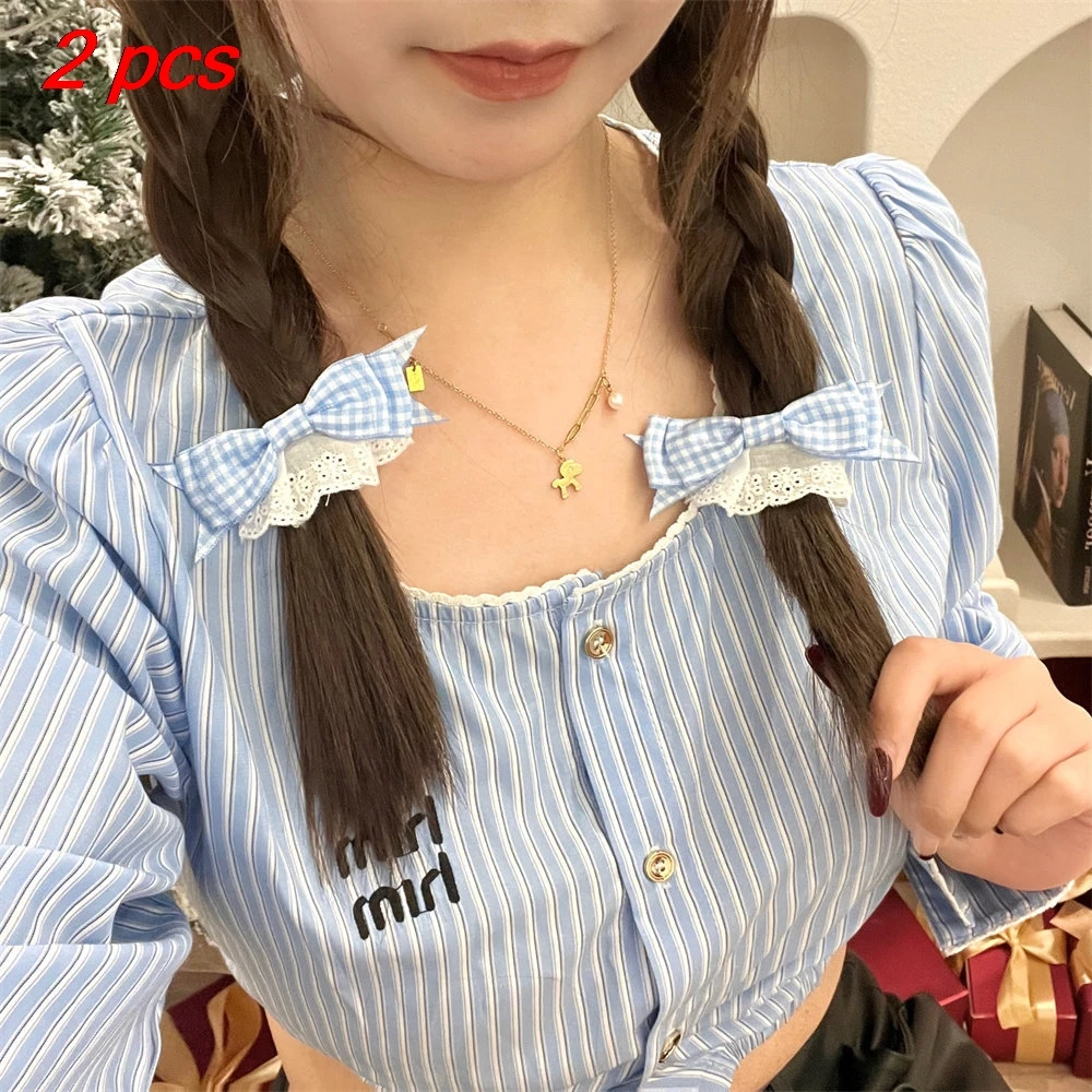 

2 Pcs Ladies' Hair Clips Set New Blue Plaid Bow Lace Sweet Japanese Cute Kawaii Hair Pins Fashionable Hair Accessories For Girl