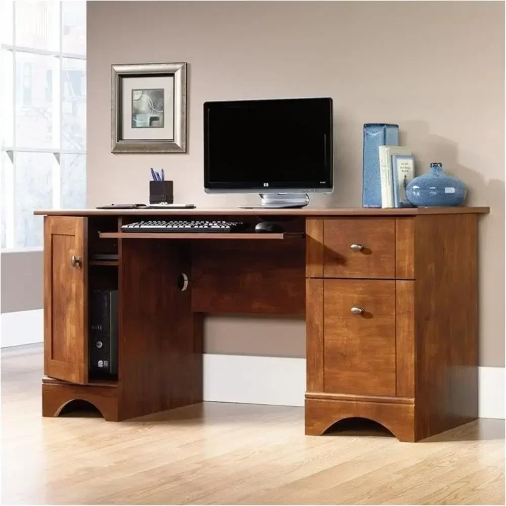 59.5 Wide Brushed Maple Computer Desk with Slide-Out Keyboard Tray, Filing Cabinet, Adjustable Shelf, and Cord Management