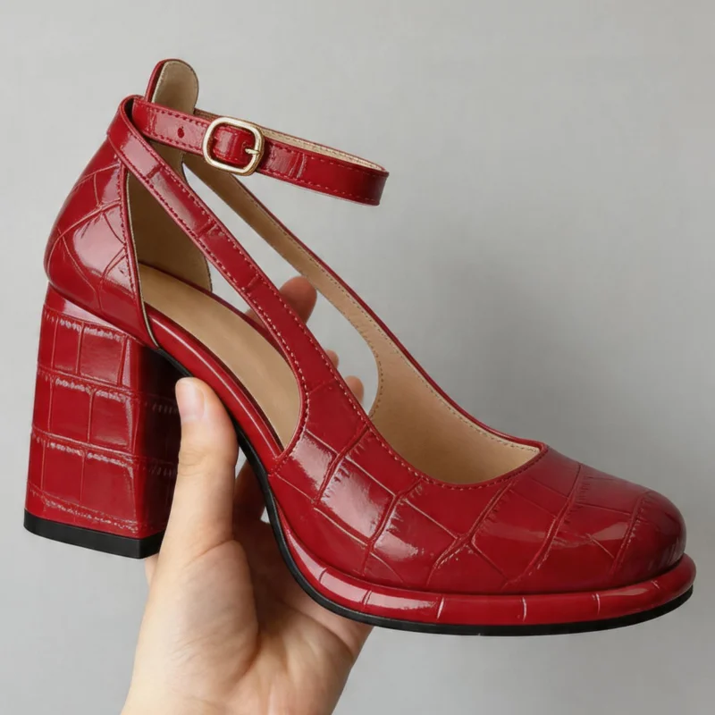 Close Toe Red Block High Heels Women Sandals Summer Shoes Pumps Ladies Ankle Strap Elegant Black Nude Party Wedding Shoes Brand view 2