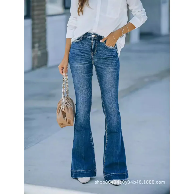 

Cross-Border European and American Dark Blue Denim Mid-Waist Bell-Bottom PantsTEMUAmazonSHEINAliexpressTKIndependent Station in