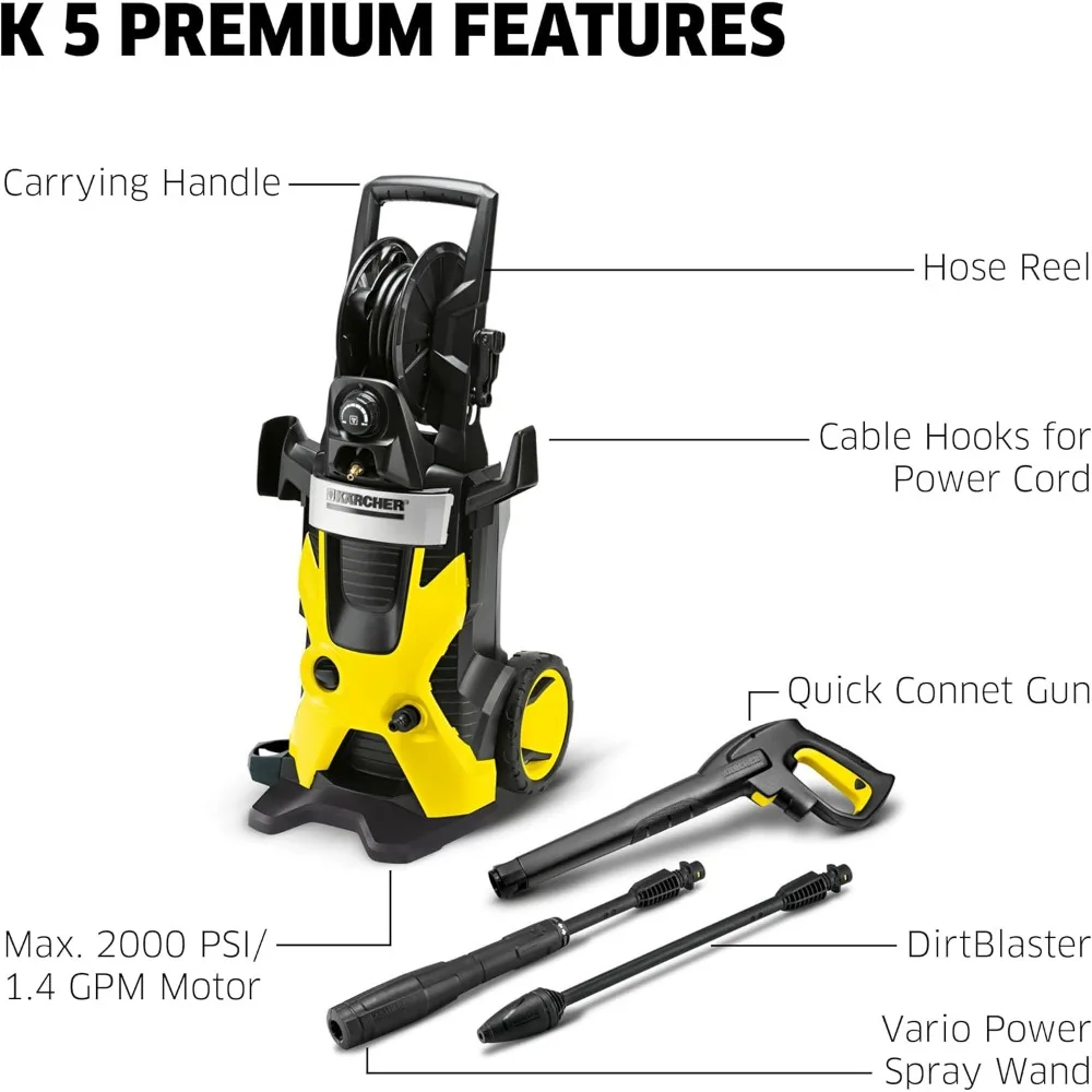 Idropulitrice Kärcher K5 Premium 1.4 GPM con avvolgitubo, bacchette spray Vario Power e Dirtblaster - 2000 PSI