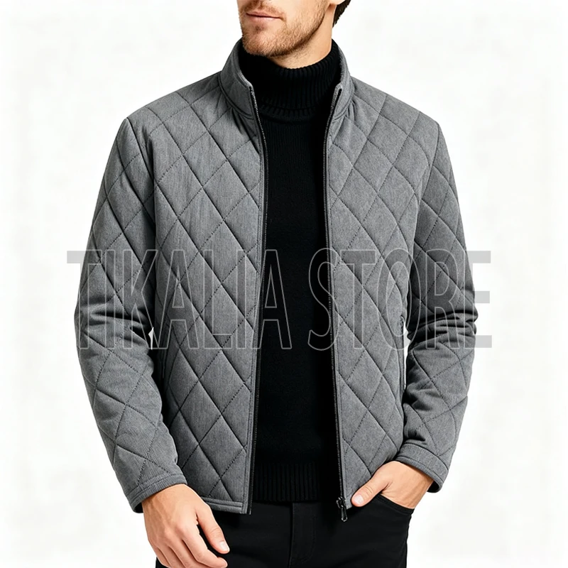 

Мужская куртка на флисовой подкладке, сохраняющая тепло, осень-зима, мужские повседневные пальто, воротник-стойка, ромбовидный узор, облегающая куртка, тенденции
