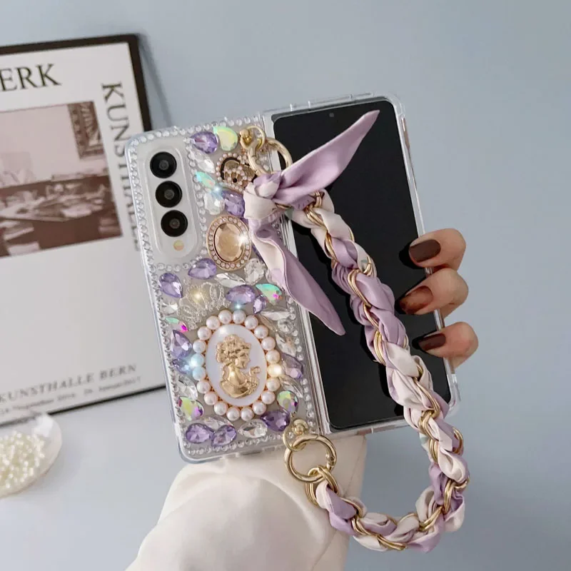 Diamond for Samsung Galaxy Z Fold 4 5G Z Fold 5 Bling Case with Hand Chain Wrist Strap Bracelet for Girls Women