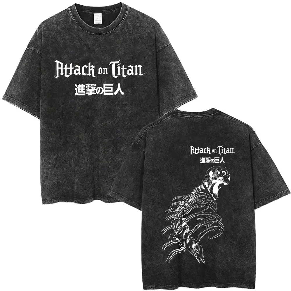 

Washed Vintage Anime Attack on Titan Eren Jaeger Skeleton Graphic T-shirt Men Cartoon Manga Trend T-shirts Men's Cotton T Shirts