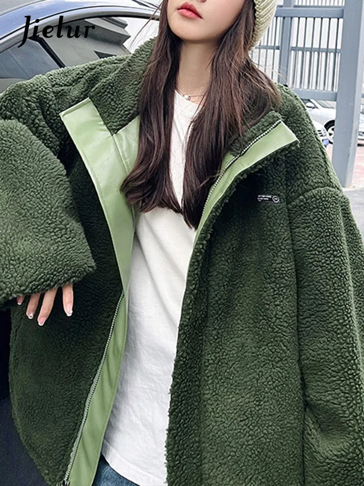 Jielur New PU Parka a contrasto donna inverno Casual allentato capispalla Parka donna bianco verde nero semplice Chic cappotto da donna