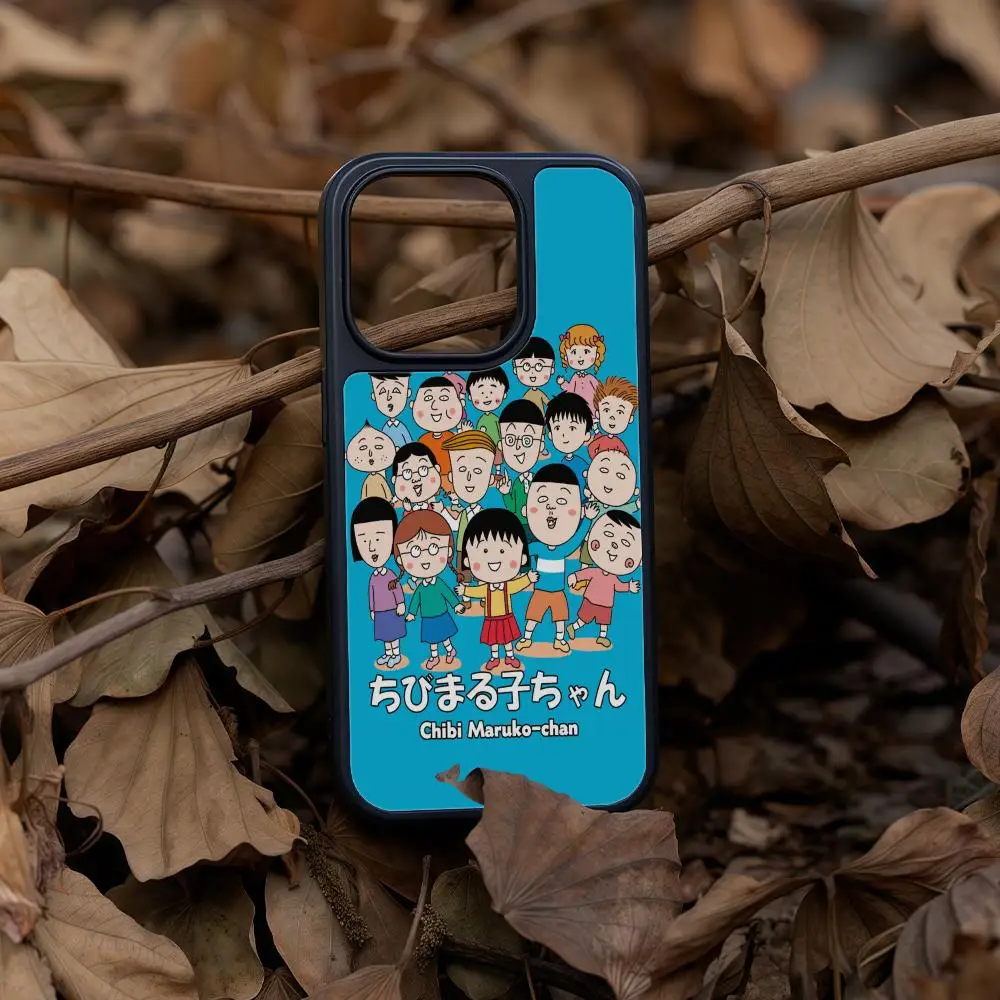 Funda de teléfono con dibujos de Chibi Maruko Chan para iPhone 16, 15, 14, 13, 12, 11 Pro Max Plus, carcasa dura de fibra de carbono acrílica con marco negro