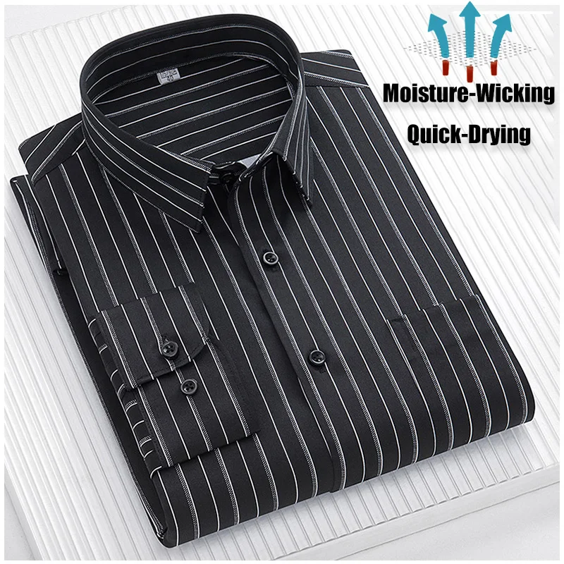 Fashion Stretch Anti-Wrinkle Striped Plaid Men's Shirts Long Sleeved Single Pocket Dress Slim Fit Social Business Casual Blouses