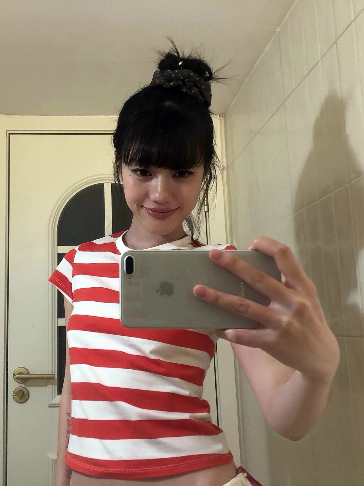 Casual Sakura Stripe Short Sleeve Tee Women's Slim Fit Shoulder Length round Neck Summer Cotton Polyester Elastic Fiber Top