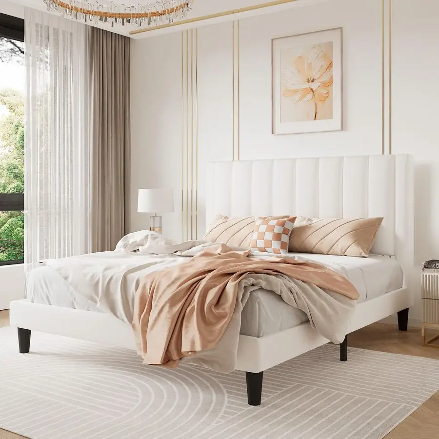 

Каркас кровати CERLIN Queen, каркас кровати на платформе с бархатной обивкой и изголовьем, прочные деревянные рейки, поддержка матраса, основа без коробки