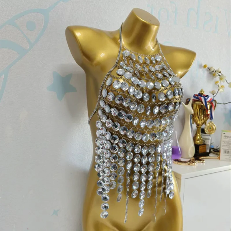 Damen Silber Mehrschichtiges Strass-Neckholder-Crop-Top Sexy Kristall-Körperkette Weste Festival Party Nachtclub Schmuck Damenkleid – Detail 6