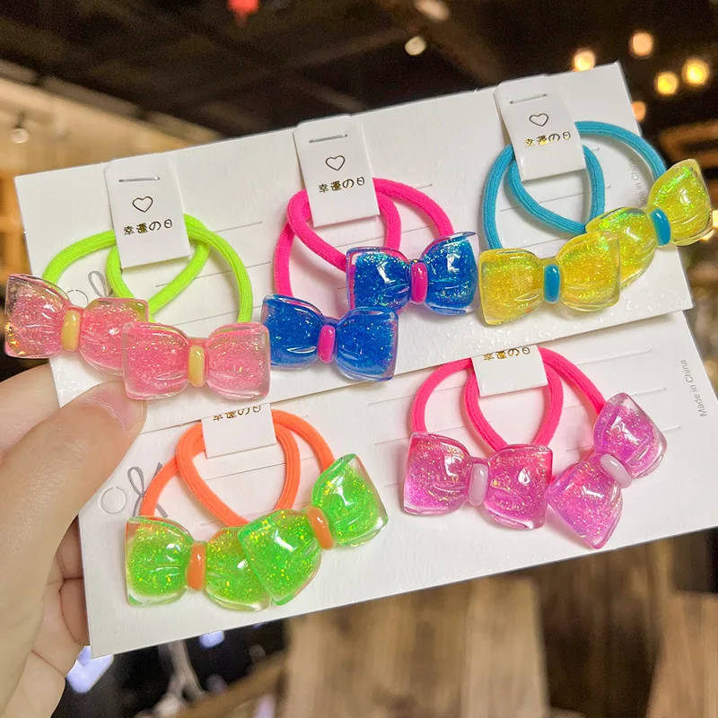 Fluorescent Bow Hair Ties for Kids Korean Colorful Cartoon Elastic Ponytail Holders High Elasticity Non Slip