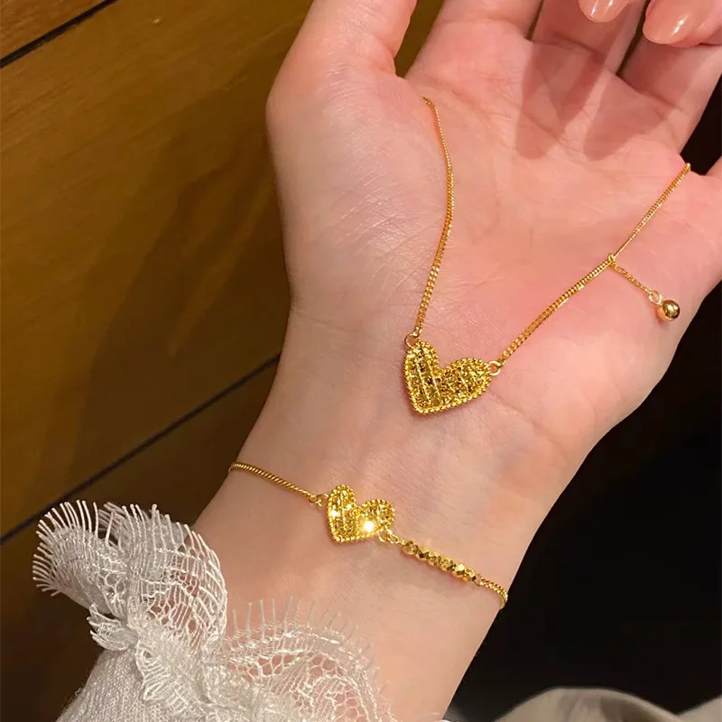 Elegant 18 K Gold Color Dot heart love necklace bracelet Sets for Women Wedding Birthday Necklace Chain Jewelry Gifts