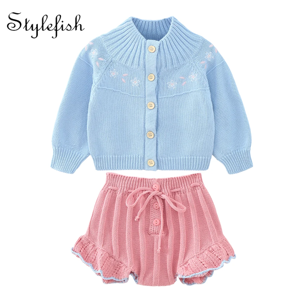 2022 autumn infant clothing cotton girl baby knitted embroidered coat + Lace pants suit baby clothing sets