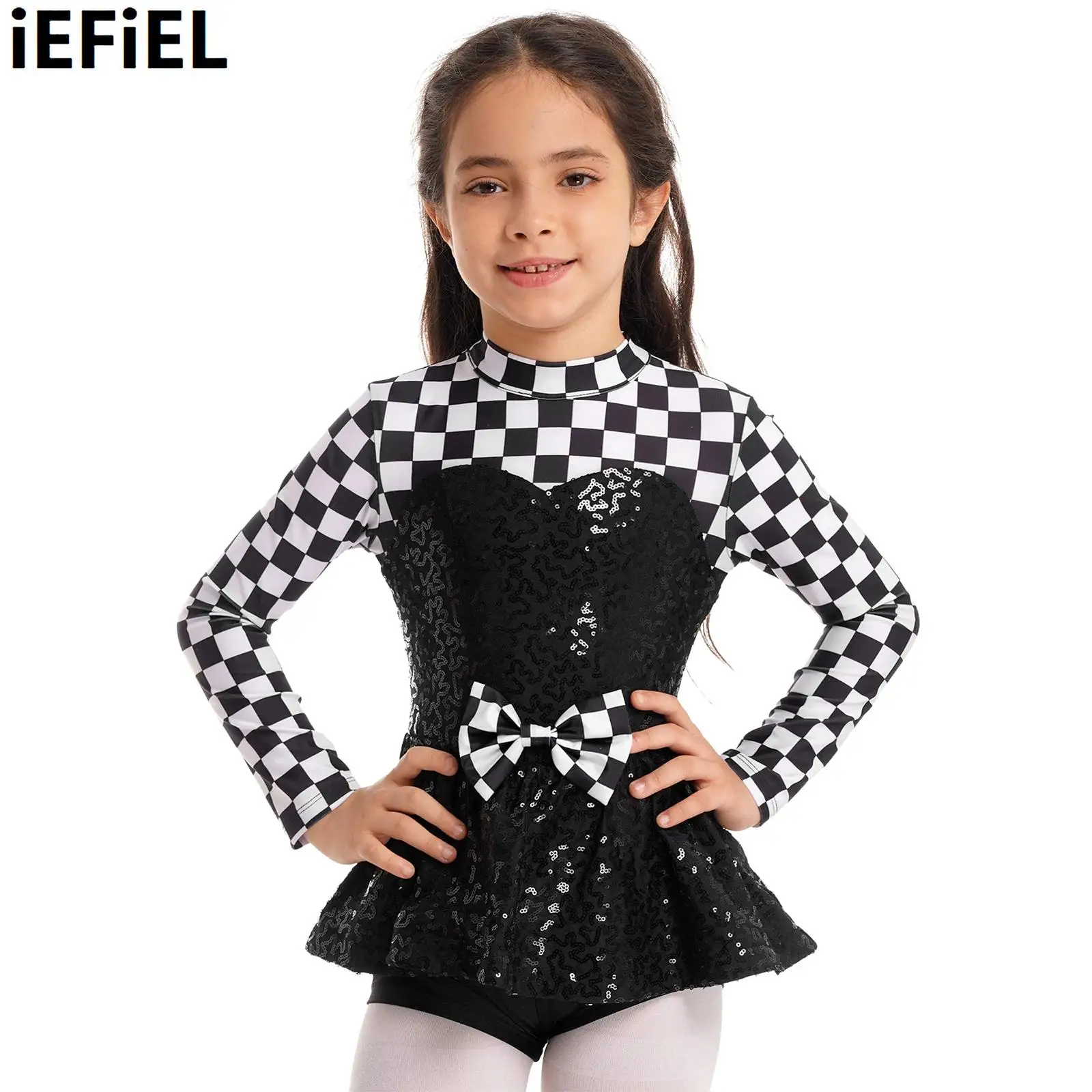 Racer Costume Car Driver Shorty Unitard Dress for Girls Kids Long Sleeve Grid Jazz Modern Latin Dancewear for Halloween Cosplay