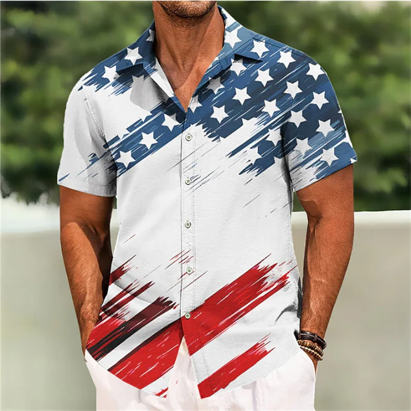 Bandeira americana impressão camisa de lapela para homens, manga curta, streetwear ao ar livre, designer de moda, casual macio camisas extragrandes, XS-5XL, 2023