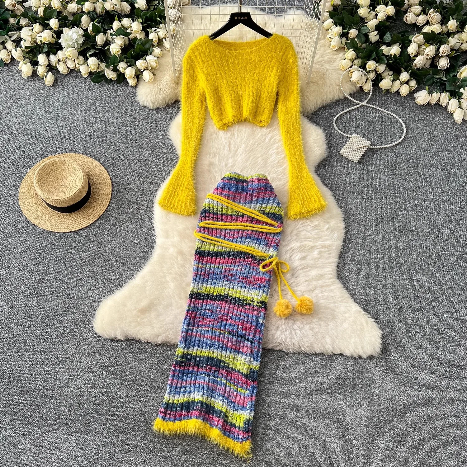 Spring Autumn Knitted Two Piece Skirt Set Women Long Sleeve Crop Sweater and Long Skirts Fashion Outfits