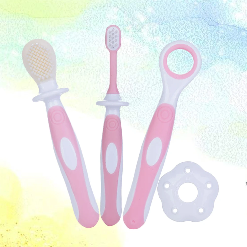 

Baby Toothbrush Pink Silicone Toddler Kids Deciduous Teeth Oral Hygiene Set Safe Food Grade Soft Bristles Gentle Brush Trainers