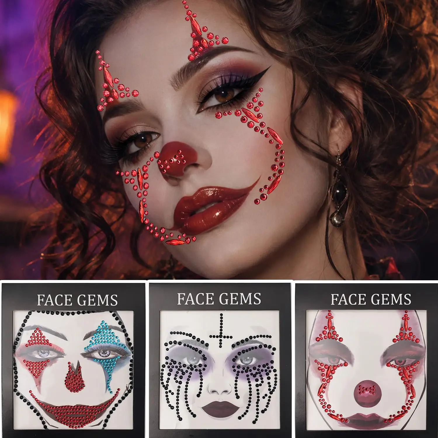 Funny Clown Rhinestone Sticker Halloween Terror Grimace 3D Crystal Stickers Cosplay Face Decorations Temporary Tattoo Stickers