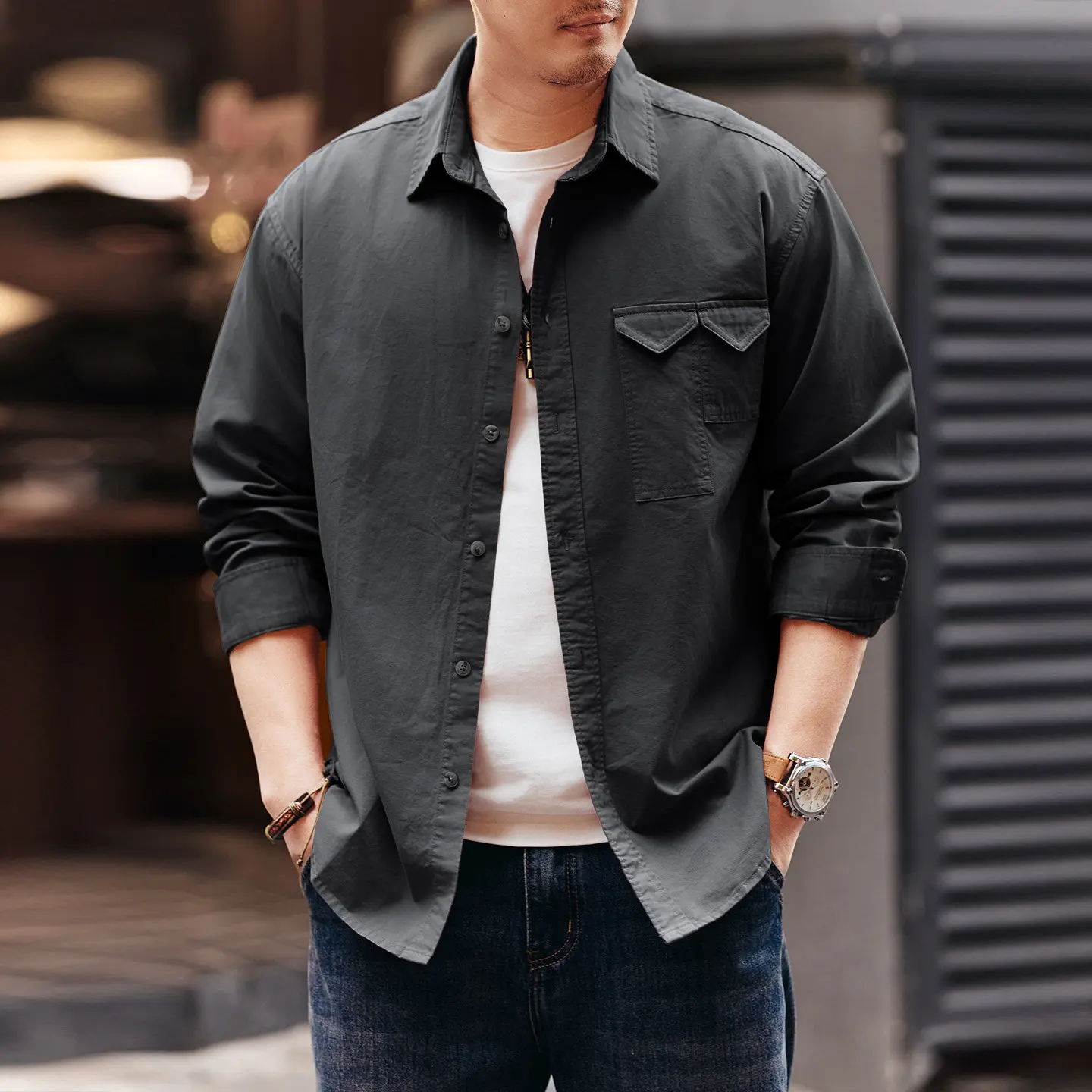 Men's Spring-Autumn New Model American Retro Long-Sleeved Shirt Trend Brand Loose Casual Irregular Pockets Pure Cotton Shirt