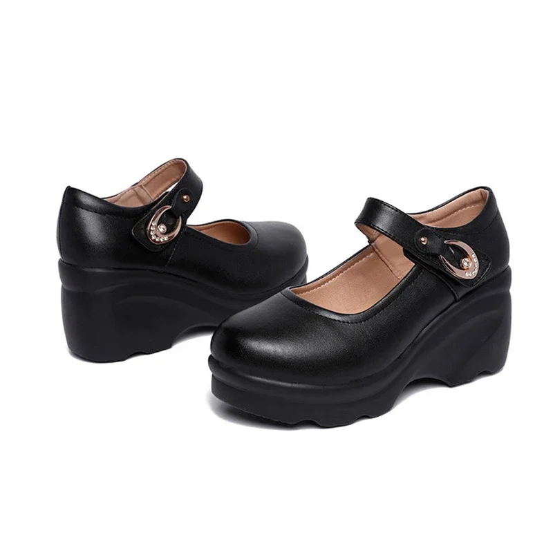 TIMETANGSplit zapatos de escalada de cuero zapatos de plataforma zapatos de tacón de mujer primavera otoño tacones altos cuñas zapatos para mujer trabajo negro