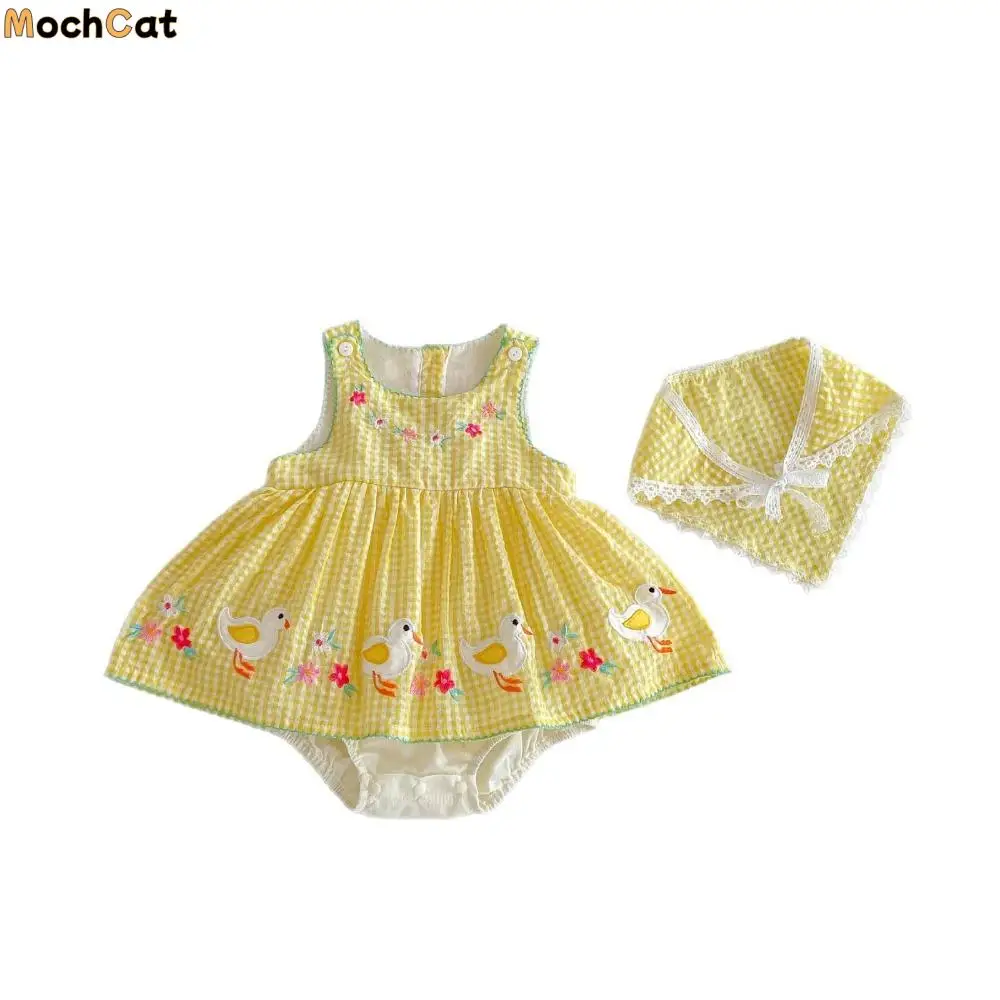 

Sleeveless Design Baby Girl Romper Dress Duck Print Yellow Gingham Princess Dress Floral Embroidery Cotton Material